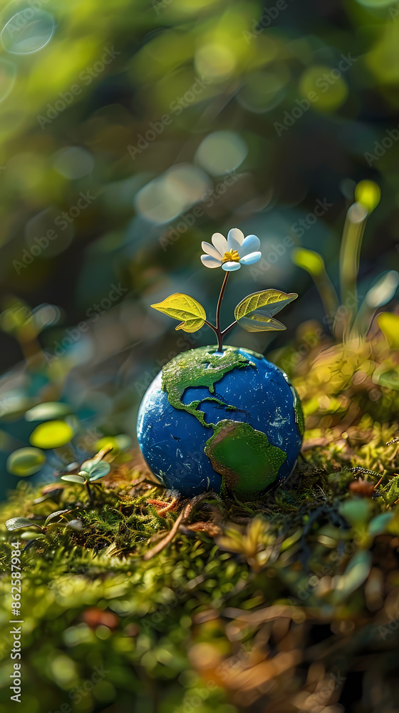 A miniature globe sits on a mossy ground A miniature globe sits on a mossy ground