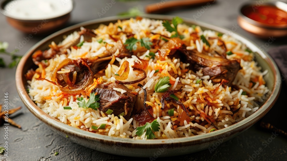 close-up of a dish of rice with meat. Selective focus close-up of a dish of rice with meat. Selective focus