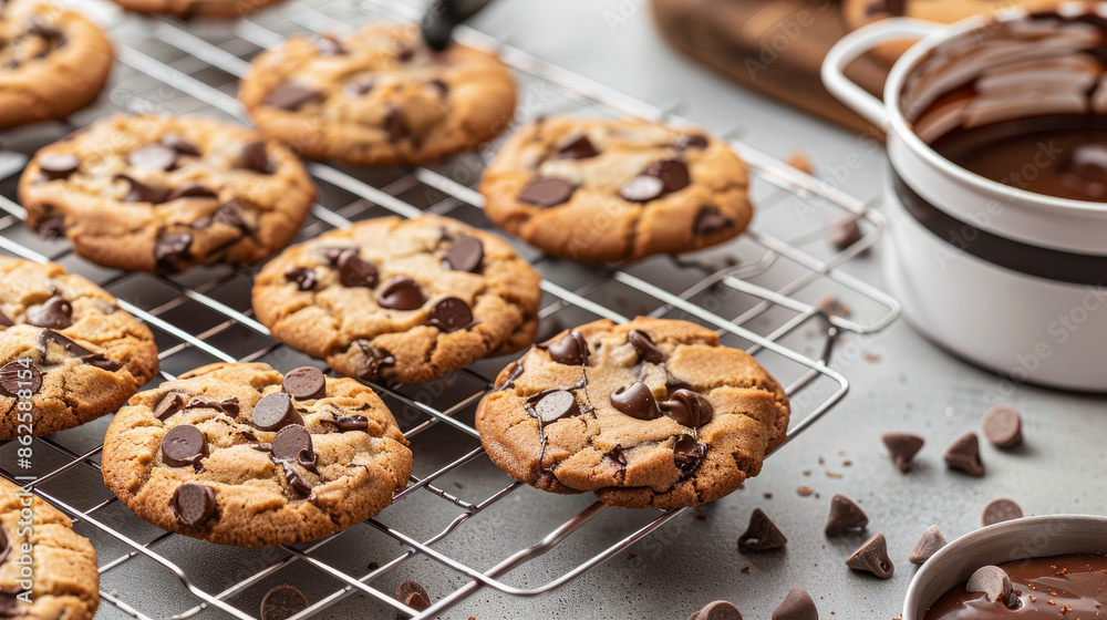 Homemade chocolate chip cookies freshly baked and cooling on a wire rack, accompanied by a pot of melted chocolate for dipping. Homemade chocolate chip cookies freshly baked and cooling on a wire rack, accompanied by a pot of melted chocolate for dipping.