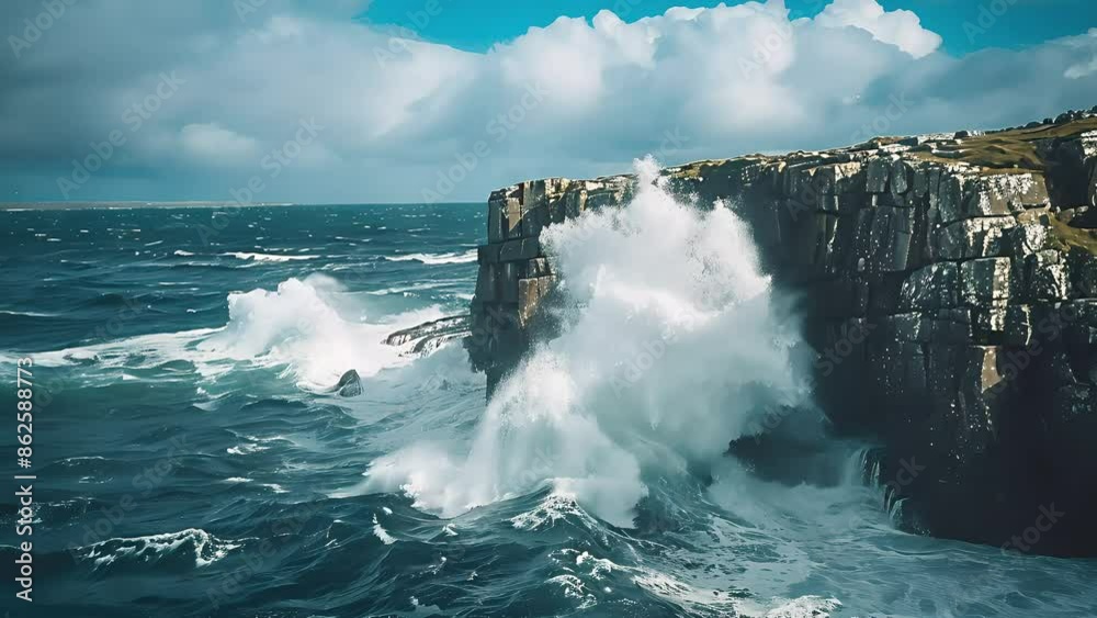 Dramatic ocean wave crashing against rocky cliffs with spray of water, deep blue sea, and partly cloudy sky creating dynamic atmosphere
Dramatic ocean wave crashing against rocky cliffs with spray of water, deep blue sea, and partly cloudy sky creating dynamic atmosphere