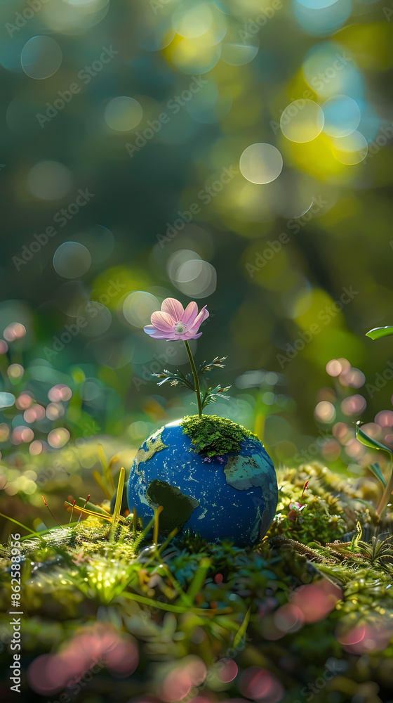 A miniature globe sits on a mossy ground A miniature globe sits on a mossy ground