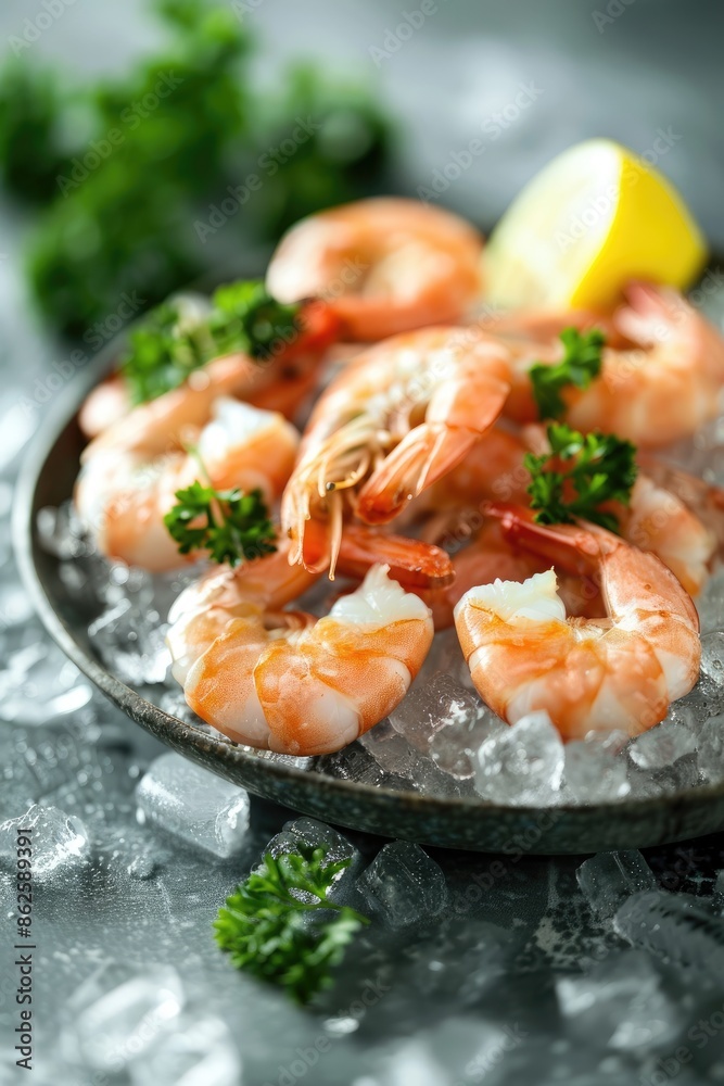 close up shrimp ice and lemon. Selective focus close up shrimp ice and lemon. Selective focus