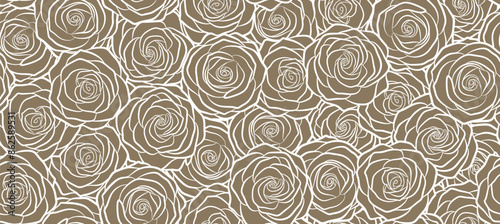 Rose flowers seamless pattern with outline style. vector floral background. 