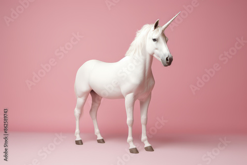 Magical white unicorn with pink colored hair. Abstract, special and elegant animal on pastel pink background 