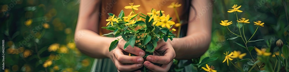 close-up of a woman holding flowers to mother st. John's. Selective focus close-up of a woman holding flowers to mother st. John's. Selective focus