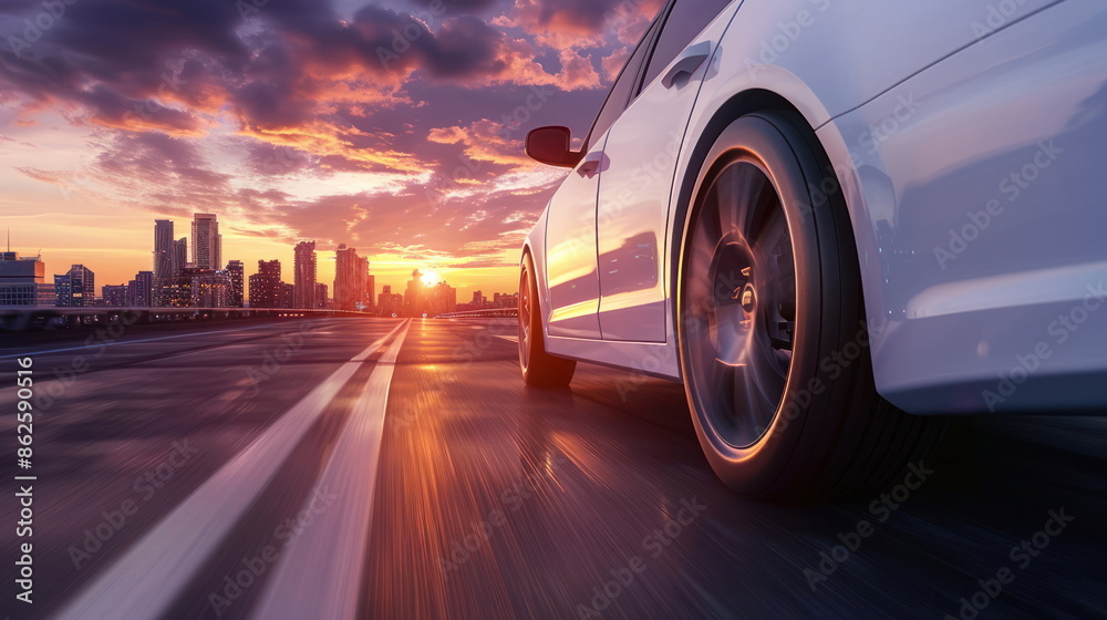 ev car run on the road with city background ev car run on the road with city background