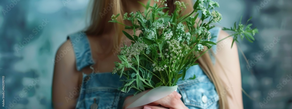 Fototapeta premium close-up of a woman holding wormwood in her hands. Selective focus