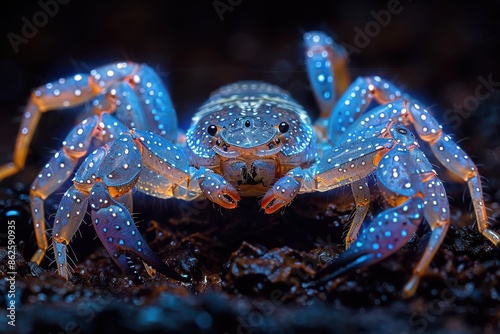 Glowing under UV light, a diminutive forest scorpion with raised pincers shows off its armored exoskeleton and defensive stance, suited for the humid, dark surroundings. photo