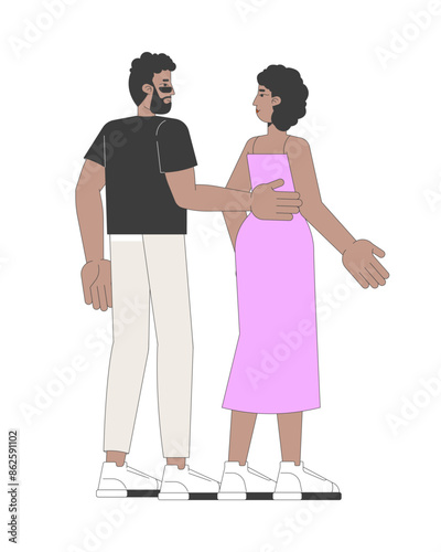 Black man holding hand on wife back 2D linear cartoon characters. African american heterosexual couple isolated line vector people white background. Walk together color flat spot illustration
