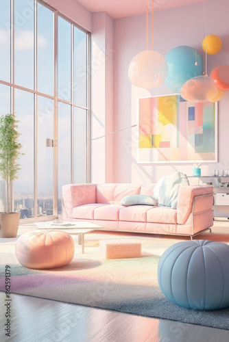 Modern interior in pastel colors. Fresh futuristic concept of colorful living