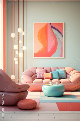 Modern interior in pastel colors. Fresh futuristic concept of colorful living