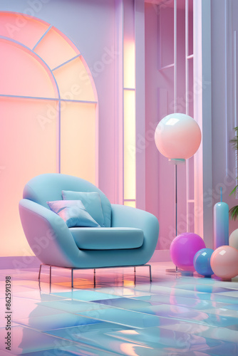 Modern interior in pastel colors. Fresh futuristic concept of colorful living