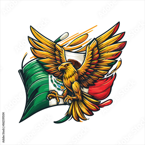 Mexican flag with bold red, white, and green hues, eagle holding snake, and cactus. Vector pennant with 3d papercut effect exudes the rich cultural heritage and spirit of Mexico