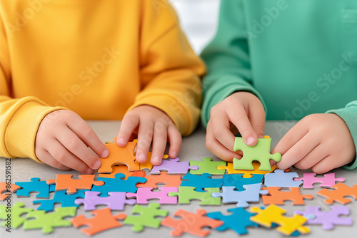 Two children's hands are playing with colorful jigsaw puzzle on a table, education games concept. A boy and a girl doing a mock-up for a learning activity at home or school.