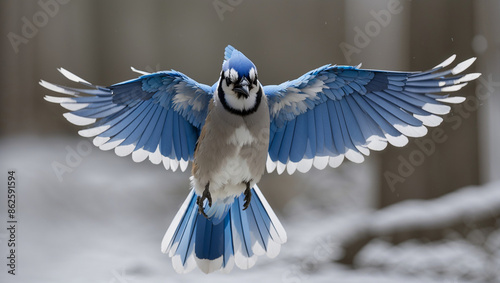 A blue jay with its wings spread wide is flying 