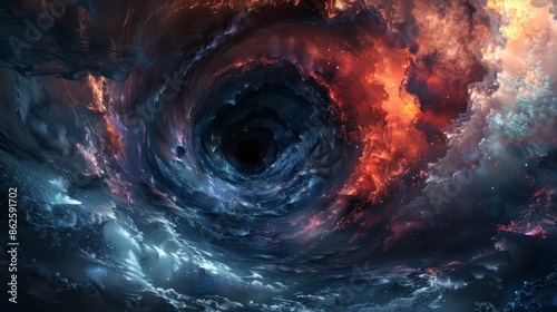 An abyssal whirlpool with dark indigo, black, red, and blue tones sinks into an ominous abyss.