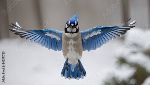 A blue jay with its wings spread wide is flying  photo