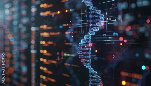 bioinformatics software analyzing DNA sequences on a computer screen. This image should include complex data visualizations such as sequence alignments, phylogenetic trees, or mutation analysis charts