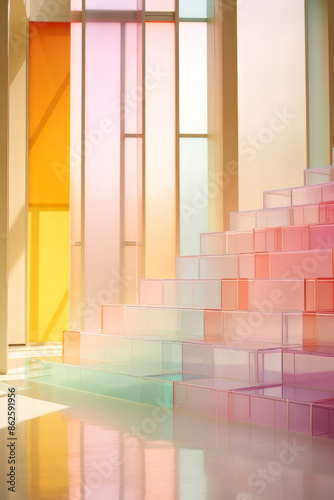 Modern, futuristic , stylish interior design. Glass and colors, sunny and airy. 