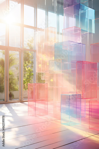Modern, futuristic , stylish interior design. Glass and colors, sunny and airy. 