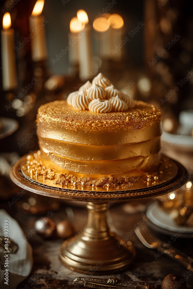 Fototapeta premium Luxurious golden cake on golden pad with glamorous decorations perfect for celebrations and minimalistic and rich elegance minimalism