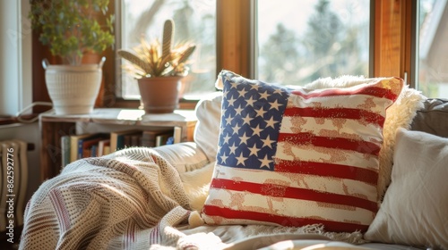 close-up shot of american flag throw pillow on sofa with sunlight streaming through windows in cozy home interior photo