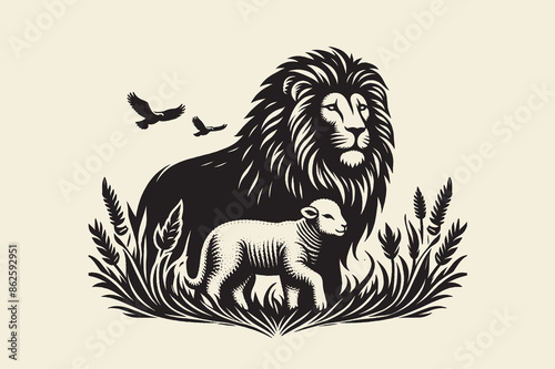 Lion and lamb. Biblical story. Vintage black engraving illustration. Vector element