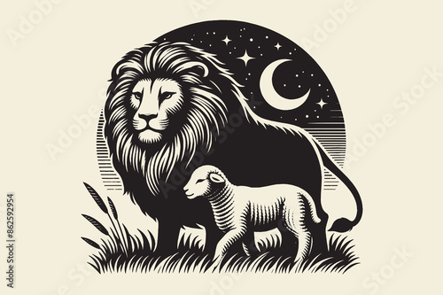 Lion and lamb. Biblical story. Vintage black engraving illustration. Vector element