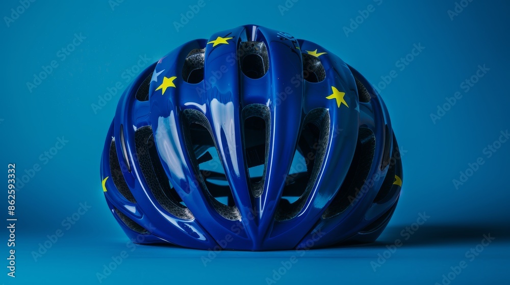 high-resolution product photography of bicycle helmet with european flag design against blue background high-resolution product photography of bicycle helmet with european flag design against blue background