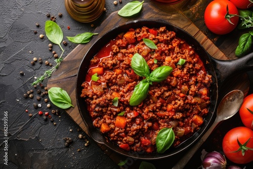 Ground Beef Meal. Classic Ragout with Tomato Sauce and Basil in a Frying Pan