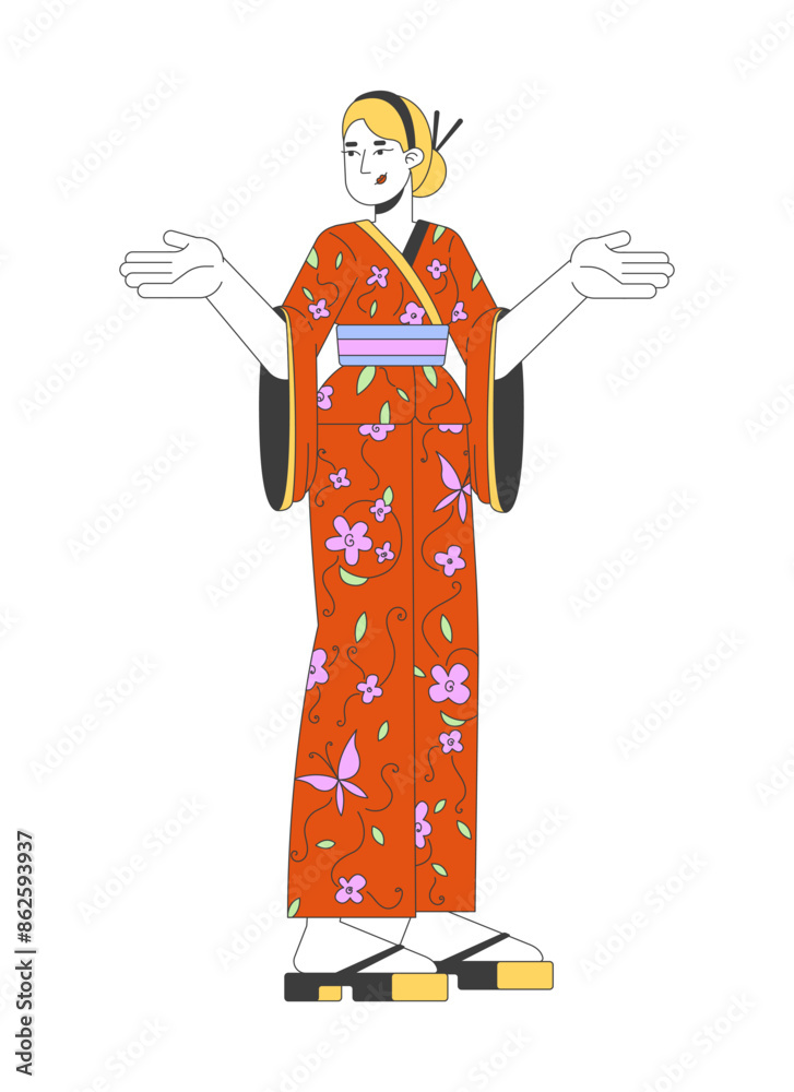 Blonde female tourist renting kimono in Japan 2D linear cartoon character. Caucasian woman foreigner in yukata isolated line vector person white background. Traveler lady color flat spot illustration Blonde female tourist renting kimono in Japan 2D linear cartoon character. Caucasian woman foreigner in yukata isolated line vector person white background. Traveler lady color flat spot illustration