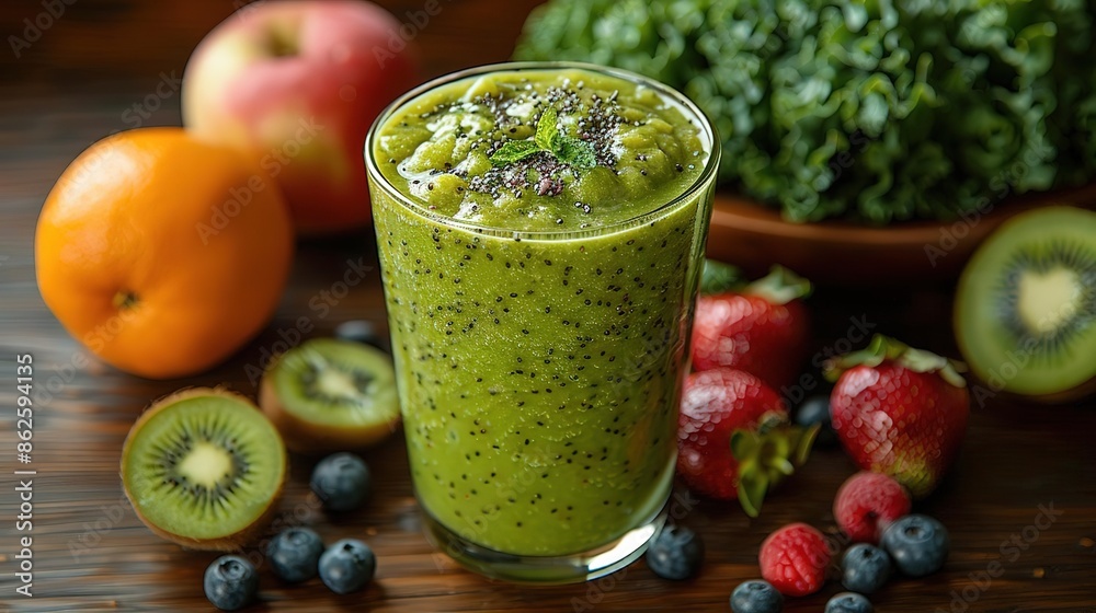 Eye-level view of fresh greens and fruit for a smoothie, soft natural light, rustic and wholesome Eye-level view of fresh greens and fruit for a smoothie, soft natural light, rustic and wholesome