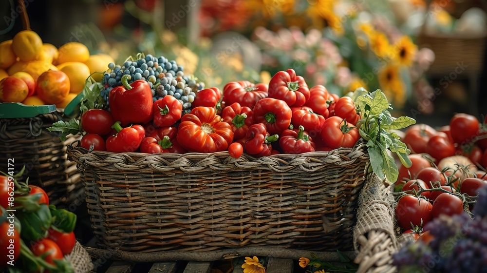 Organic produce in a wicker basket, side view, diffused light, cozy and homely Organic produce in a wicker basket, side view, diffused light, cozy and homely