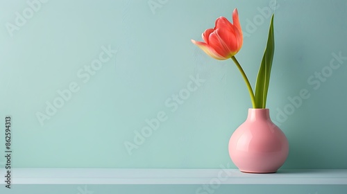 Tulip flower in a pastel pink vase on a light blue background
