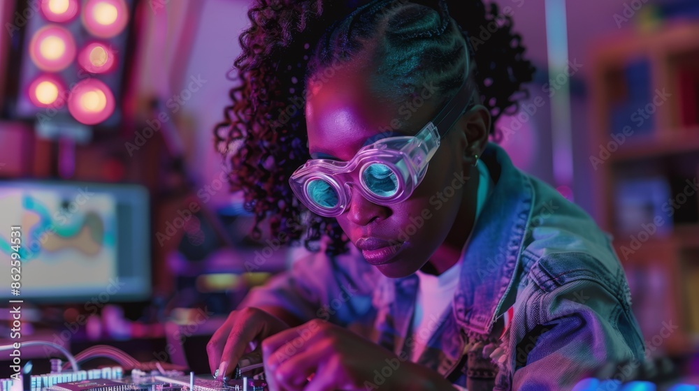 African woman engineer wearing safety goggles soldering a circuit board. African woman engineer wearing safety goggles soldering a circuit board.