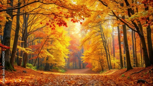 Serene autumn forest landscape with crisp golden leaves and colorful foliage above, Autumn, forest, landscape, serene