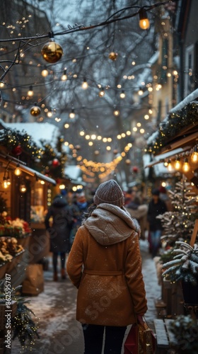 Woman walking down a snowy street with christmas lights, Christmas holiday