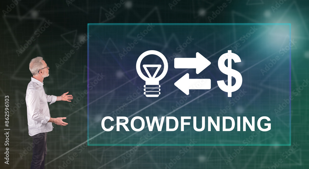 A crowdfunding concept explained by a businessman on a wall screen A crowdfunding concept explained by a businessman on a wall screen