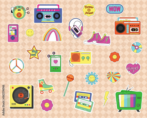Large set of stickers. Retro elements from the 80s and 90s. Stereo tape recorder, roller skates and sneakers, CDs and player, TV and radio, cassettes. Modern design with Memphis elements. Vector illus