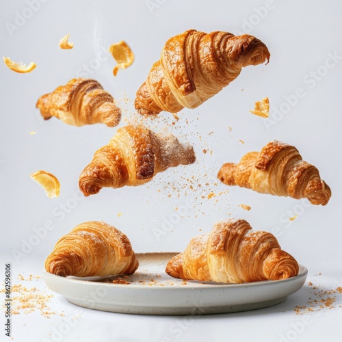 Freshly baked croissants on a white plate against a white background. The croissants are arranged in a visually appealing way and appear to be falling through the air.