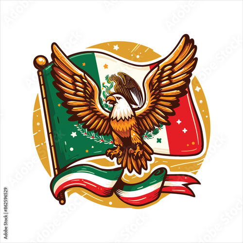 Mexican flag with bold red, white, and green hues, eagle holding snake, and cactus. Vector pennant with 3d papercut effect exudes the rich cultural heritage and spirit of Mexico