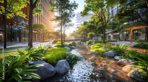 A serene urban oasis with a tranquil stream flowing through a lush park. The sun shines brightly, illuminating the greenery and casting warm glow on the buildings in the distance.