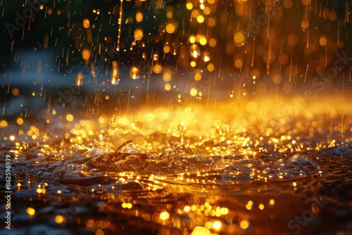 Raindrops glisten in the golden rays of sunlight, forming a mesmerizing visual with sparkling water droplets, capturing a fleeting moment of nature's beauty and serenity.