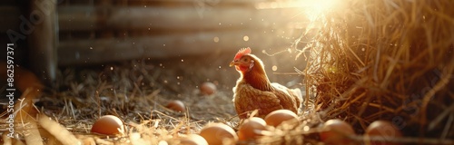 A Brown Hen Surrounded by Eggs in a Sunny Barn