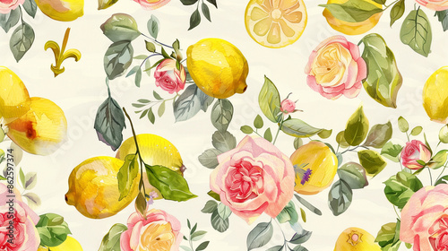 Retro Lemon Roses Floral Pattern Seamless with Flowers in Nature. Summer Illustration (Background, Wallpaper, Texture Design). Flowers and Leaves. Hand Drawn Vintage Style Beauty Trend 
