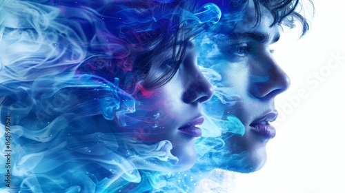 A surreal portrait of a man and a woman, their faces merging in a cloud of swirling blue and purple smoke.