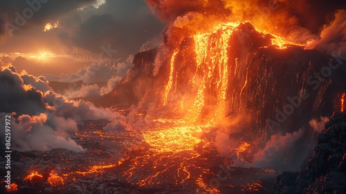 A volcano with a lava flow and a bright orange sky photo