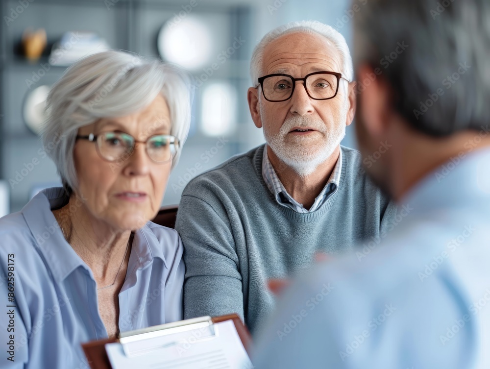 A retired couple discussing with a real estate agent about downsizing or relocating indicating planning for possible relocation or housing changes during retirement A retired couple discussing with a real estate agent about downsizing or relocating indicating planning for possible relocation or housing changes during retirement