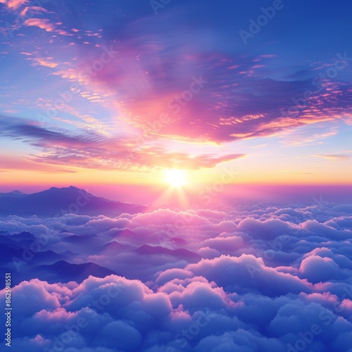 A vibrant sunrise over a sea of clouds with a dramatic mountain range in the distance.