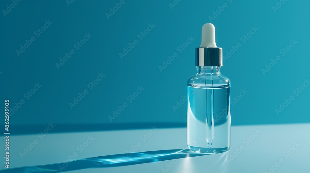 White glass transparent bottle with a pipette for cosmetics oils acids on a blue background White glass transparent bottle with a pipette for cosmetics oils acids on a blue background